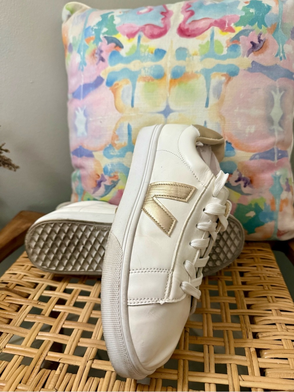 White Leather Sneakers with Gold Accent V